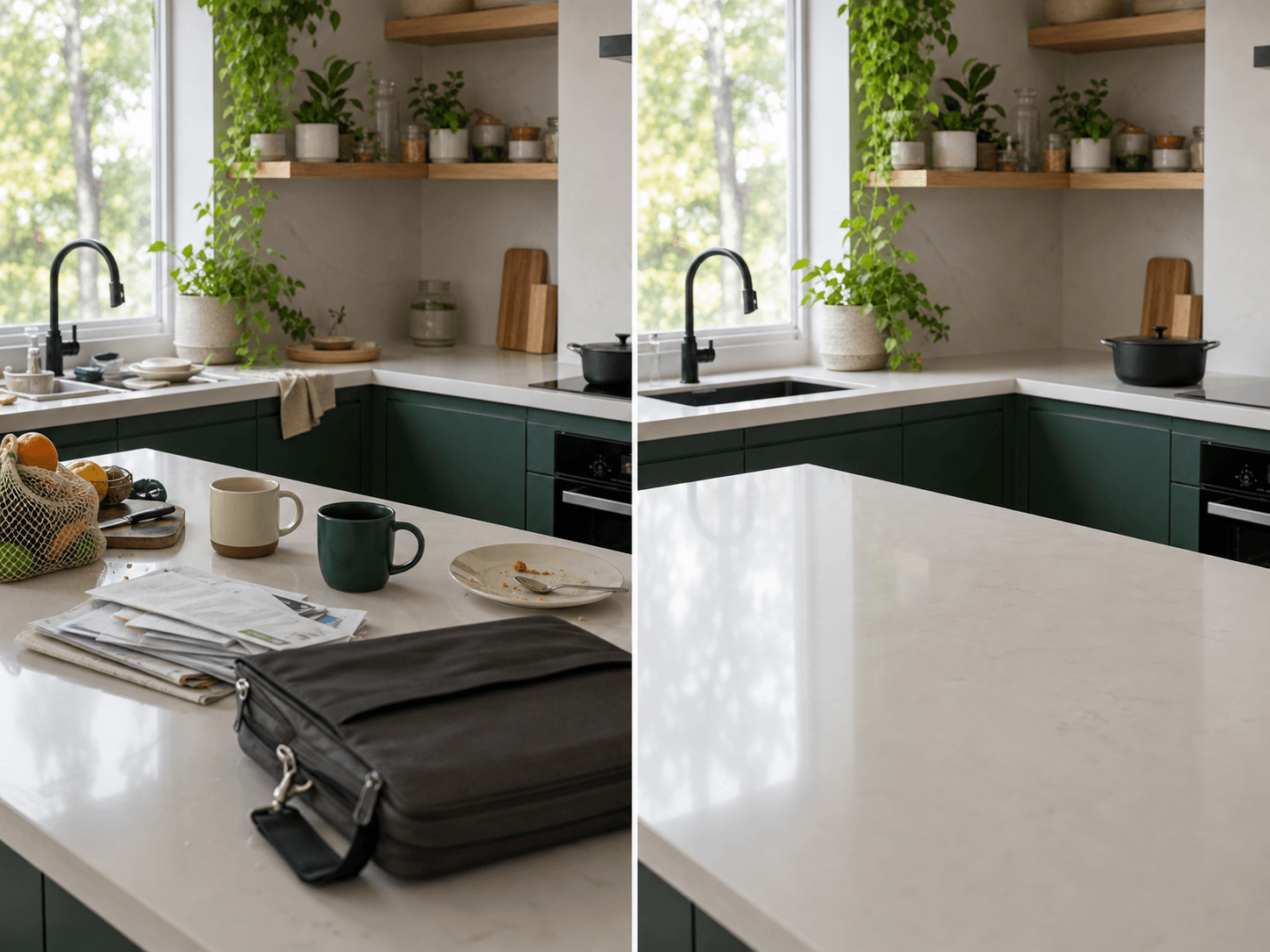 A relatable kitchen shown before and after professional maid cleaning